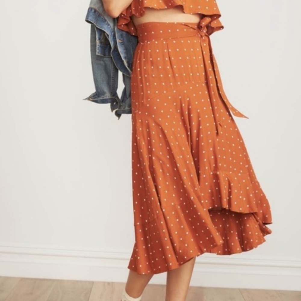 Faithfull the Brand Asymmetrical Skirt in Rust Polka Dot